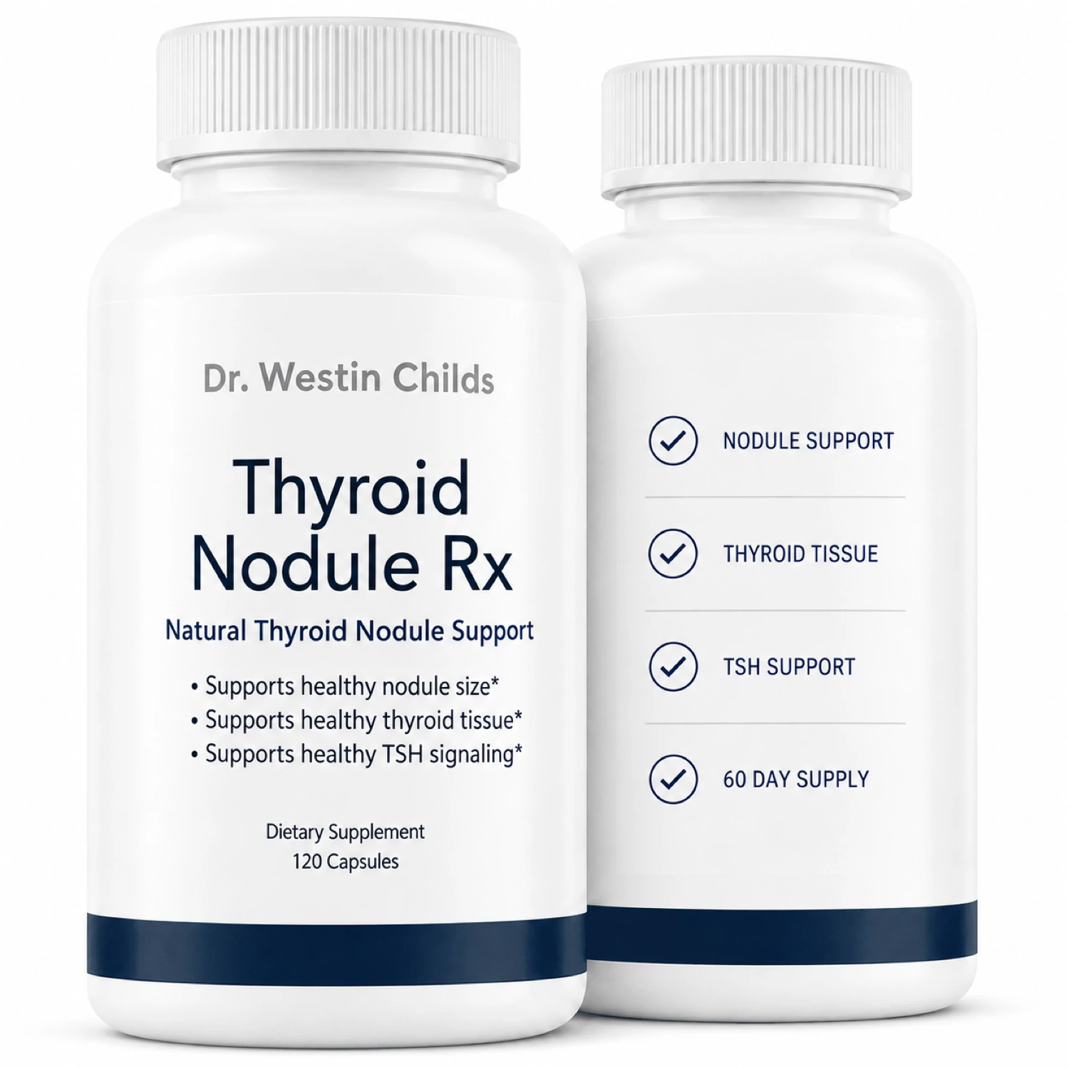 Thyroid Nodule Rx bottles with updated label and blue checkmarks for nodule support, thyroid tissue, TSH support, and a 60 day supply.