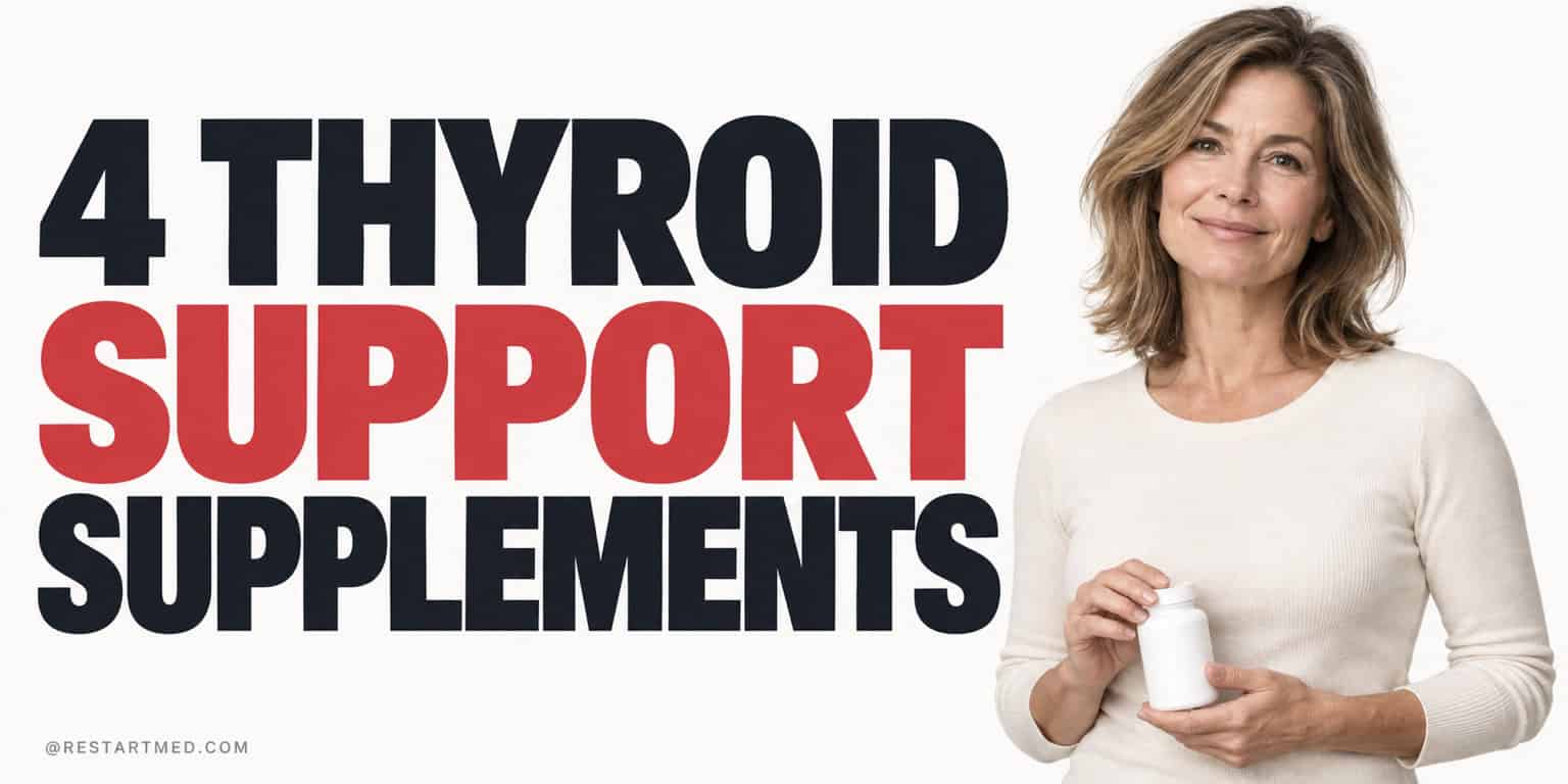 Four thyroid support supplements, with a woman holding a supplement bottle.