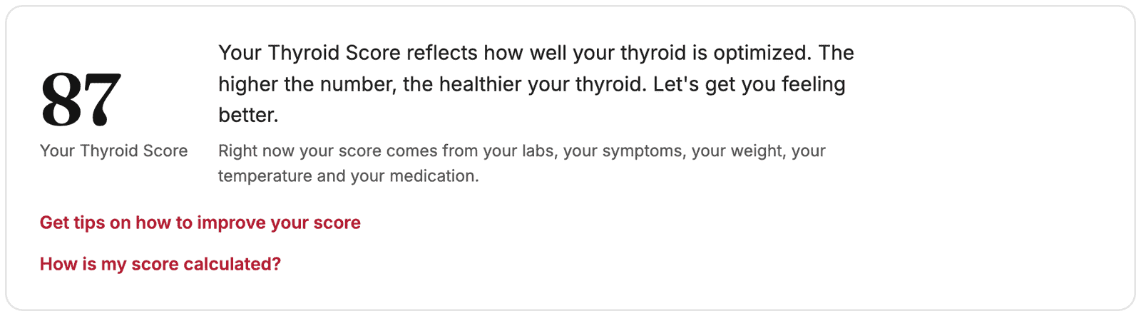Thyroid Score card in the free Thyroid Tracker showing a score of 87