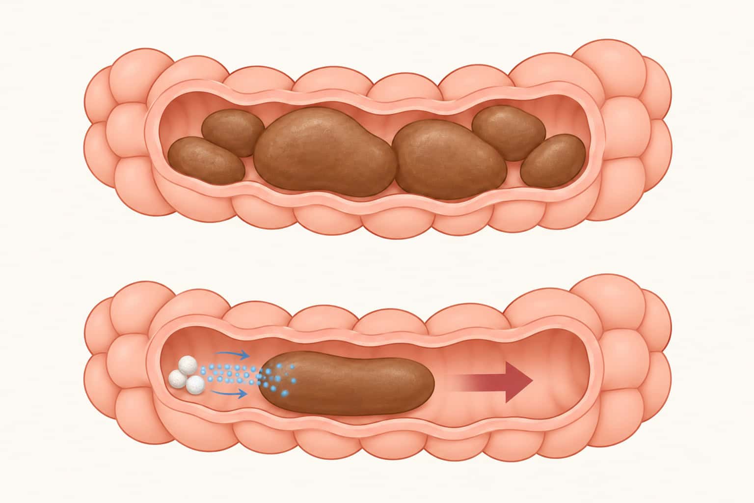 Conceptual illustration of proposed oxygen release: blue markers represent proposed oxygen release from mineral granules toward stool, with a separate arrow for stool passage.