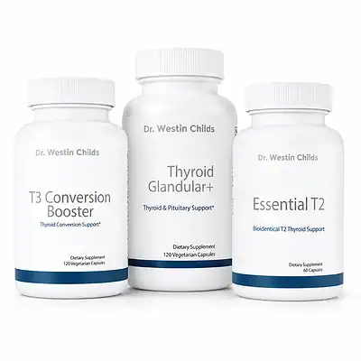Core Thyroid Trio Bundle with T3 Conversion Booster, Thyroid Glandular+, and Essential T2 bottles on a white background.