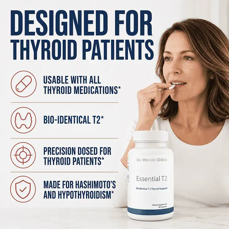 Woman taking an Essential T2 capsule beside callouts about thyroid medication use, bio-identical T2, precision dosing, and thyroid patients.