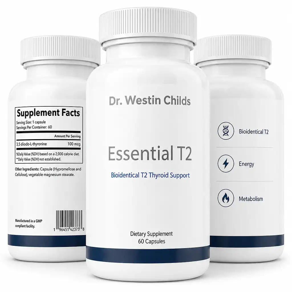 Three Essential T2 bottles showing the front label, Supplement Facts panel, and Bioidentical T2, Energy, and Metabolism callouts.