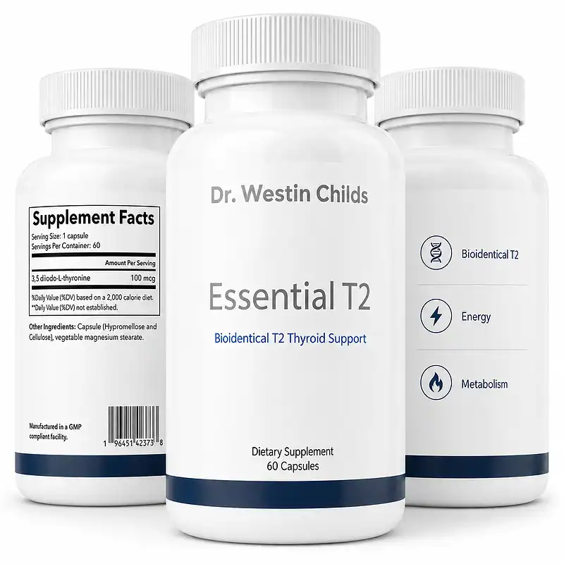 Three Essential T2 bottles showing the front label, Supplement Facts panel, and Bioidentical T2, Energy, and Metabolism callouts.