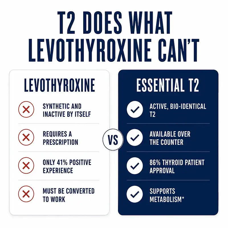 Side-by-side comparison of Essential T2 and levothyroxine, with Essential T2 callouts for active bio-identical T2, over-the-counter availability, patient approval, and metabolism support.