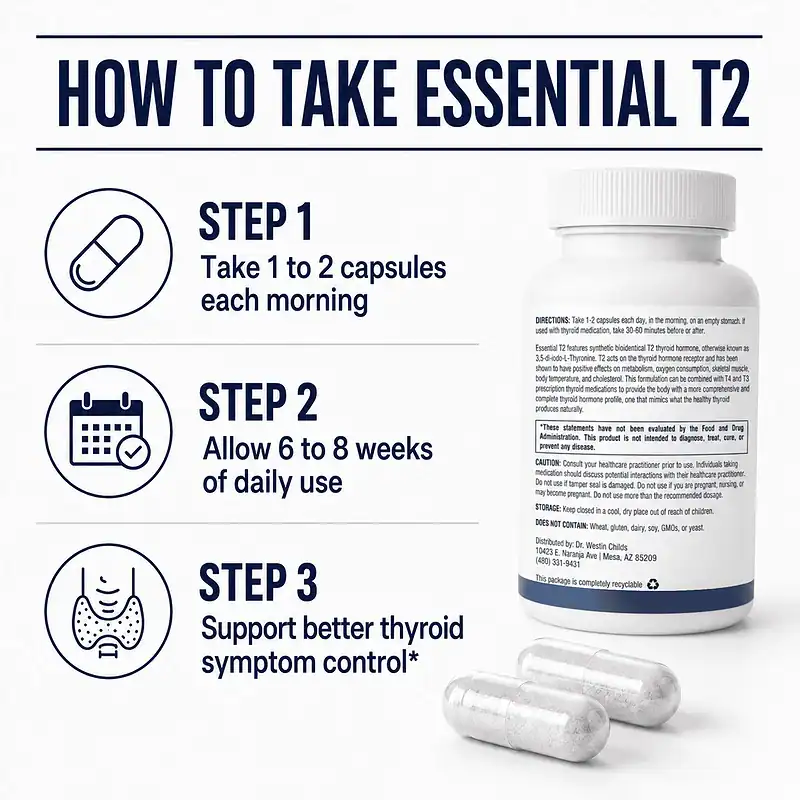 Three-step Essential T2 routine showing morning capsules, six to eight weeks of daily use, and thyroid symptom support beside the bottle's instruction-side label.