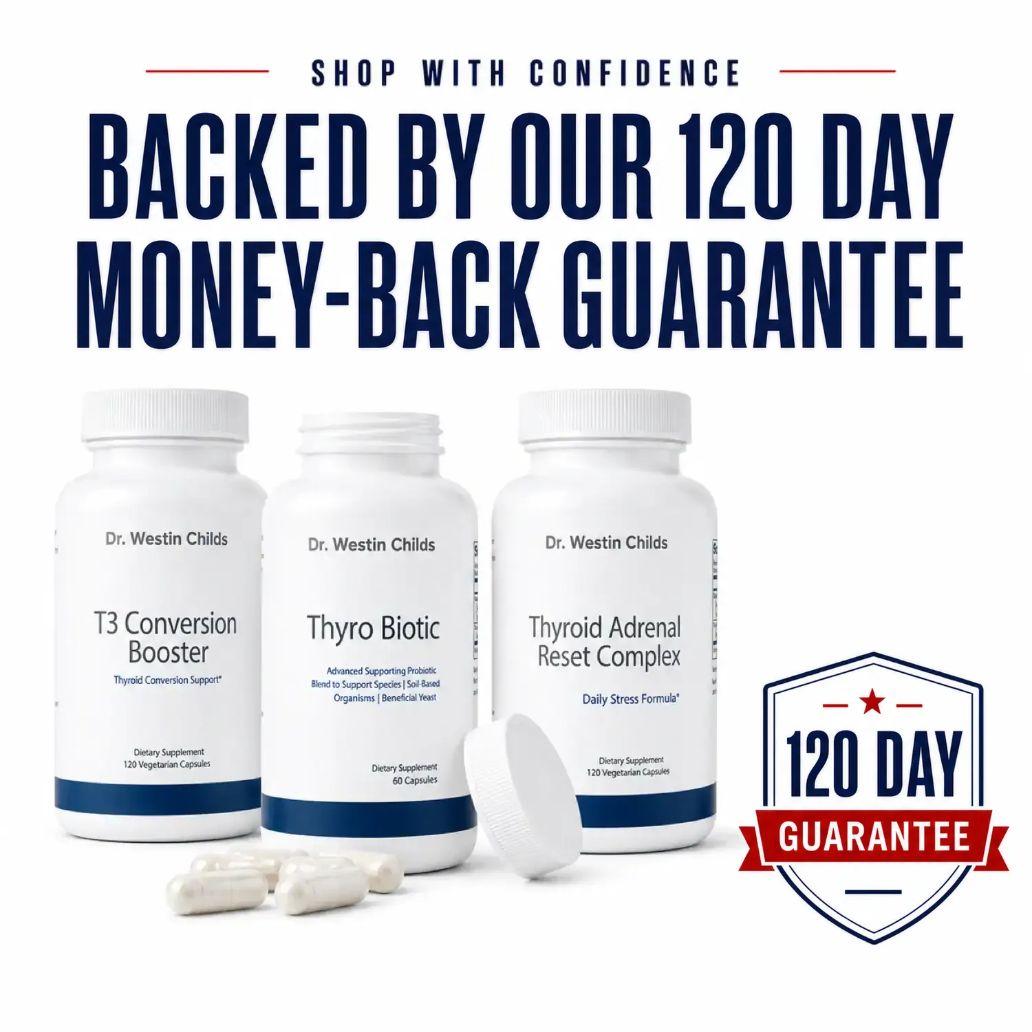 Hypothyroid Energy & Metabolism Support Stack bottles and capsules, backed by our 120-day money-back guarantee