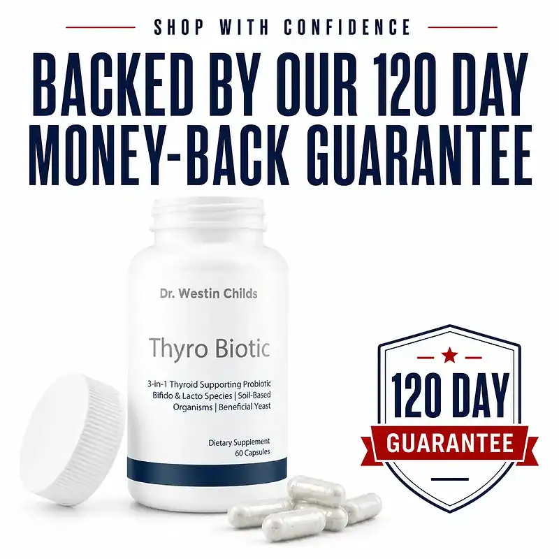 Thyro Biotic probiotic bottle with open cap and capsules, backed by our 120-day money-back guarantee