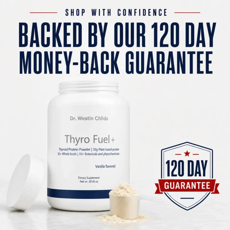 Thyro Fuel+ thyroid protein powder tub with scoop, backed by our 120-day money-back guarantee