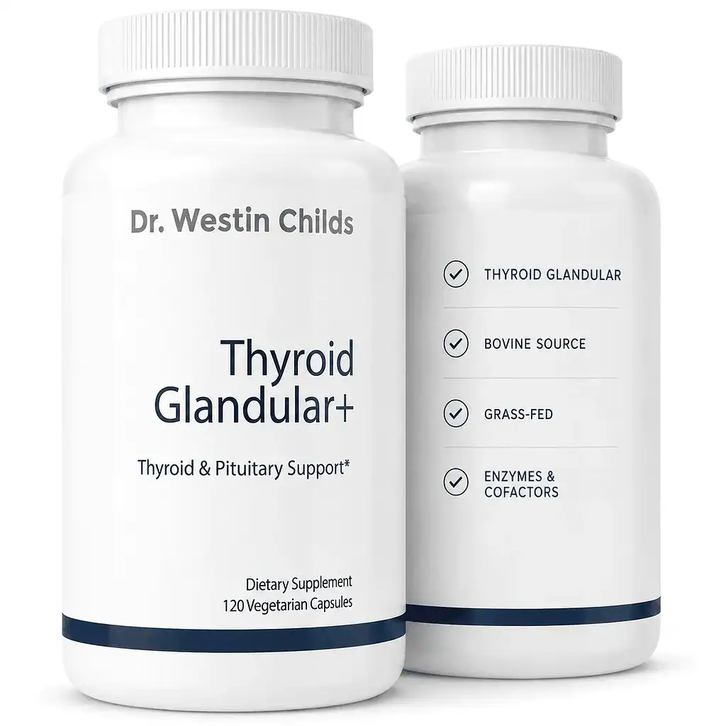 Two bottles of Thyroid Glandular+ with a checklist reading Thyroid Glandular, Bovine Source, Grass-Fed, and Enzymes & Cofactors.