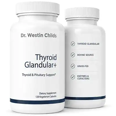 Two bottles of Thyroid Glandular+ with a checklist reading Thyroid Glandular, Bovine Source, Grass-Fed, and Enzymes & Cofactors.