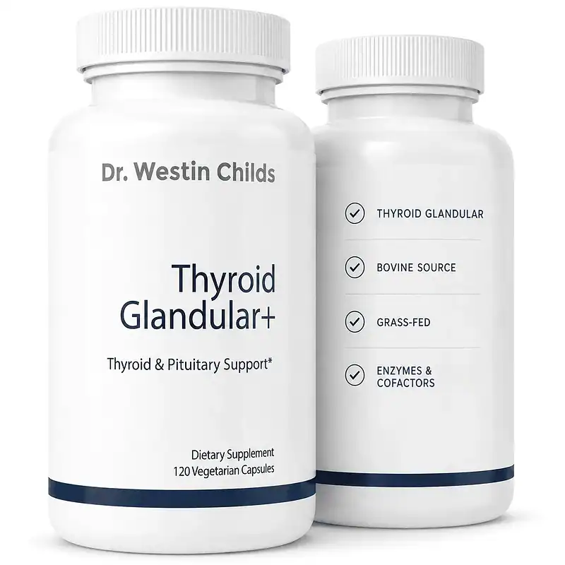 Two bottles of Thyroid Glandular+ with a checklist reading Thyroid Glandular, Bovine Source, Grass-Fed, and Enzymes & Cofactors.