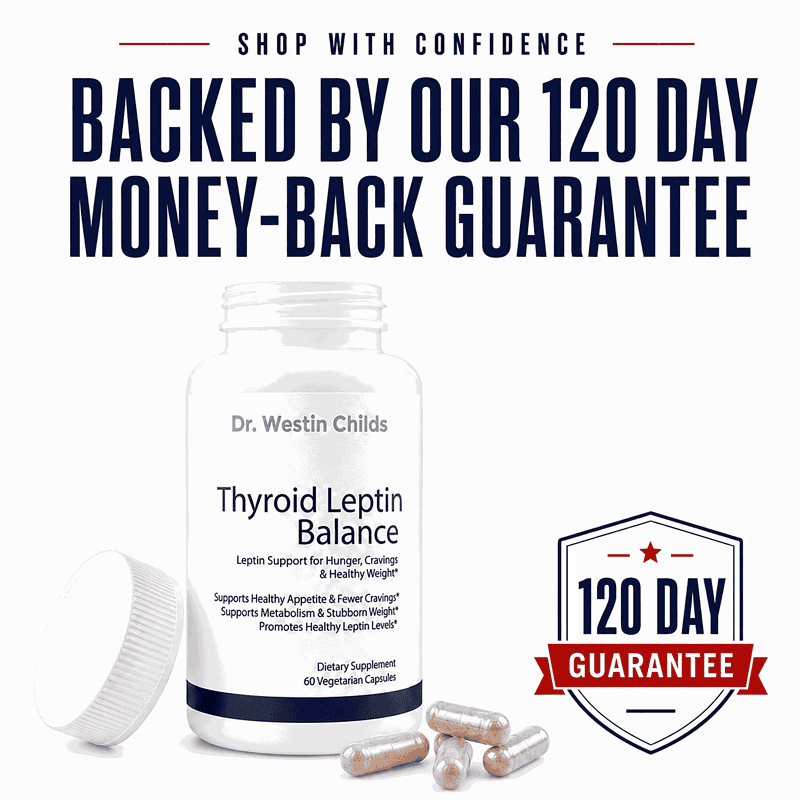 Thyroid Leptin Balance bottle with open cap and capsules, backed by our 120-day money-back guarantee