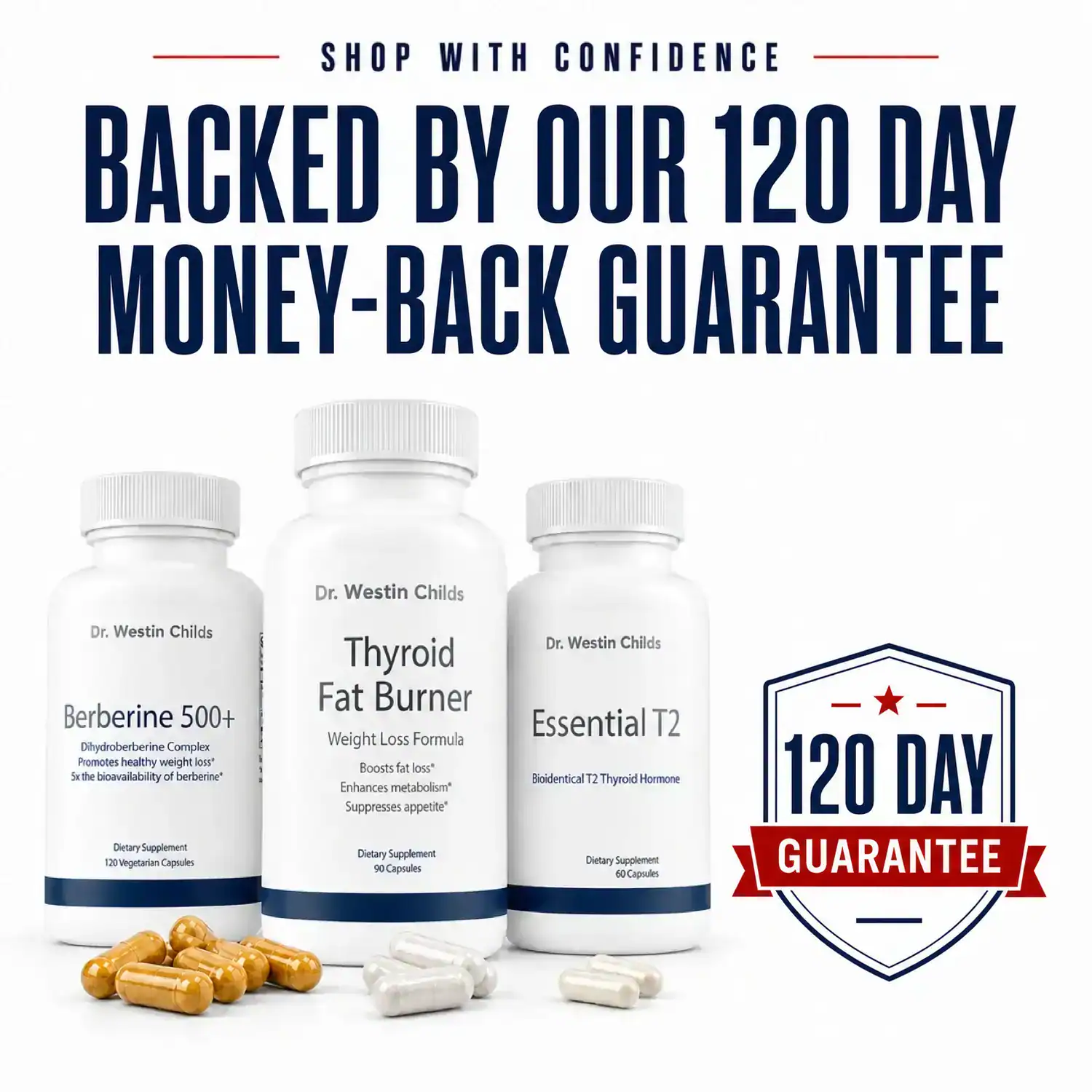 Thyroid Metabolism Booster Bundle with Berberine 500+, Thyroid Fat Burner, and Essential T2, backed by our 120-day money-back guarantee