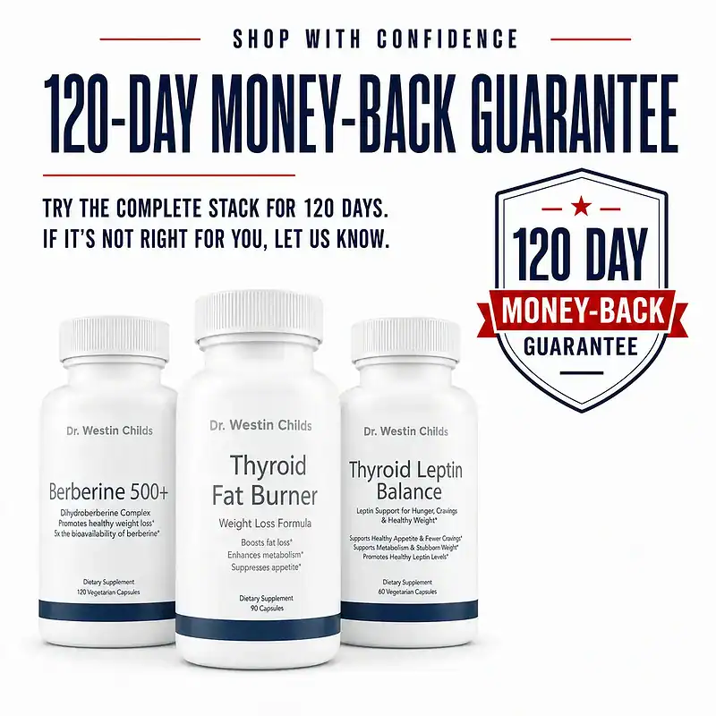 Thyroid Weight Loss Stack with Thyroid Fat Burner, Berberine 500+, and Thyroid Leptin Balance, backed by our 120-day money-back guarantee
